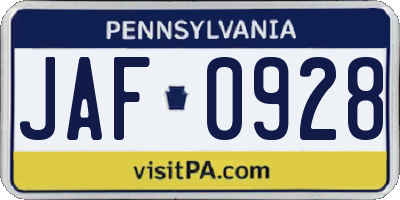 PA license plate JAF0928