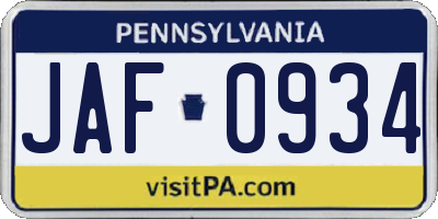 PA license plate JAF0934