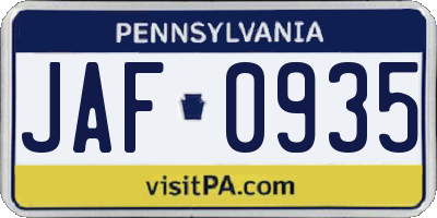 PA license plate JAF0935
