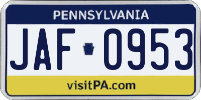 PA license plate JAF0953