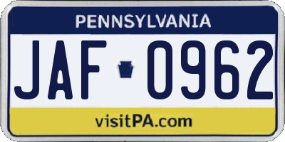PA license plate JAF0962