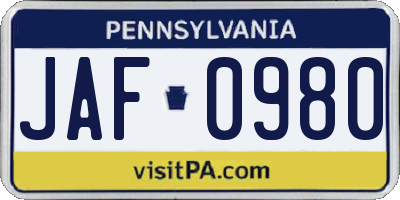 PA license plate JAF0980