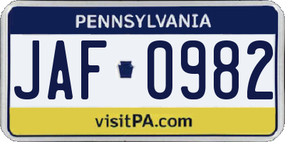 PA license plate JAF0982