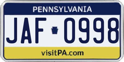 PA license plate JAF0998