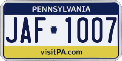 PA license plate JAF1007