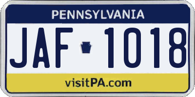 PA license plate JAF1018