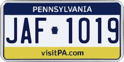 PA license plate JAF1019