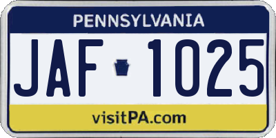 PA license plate JAF1025