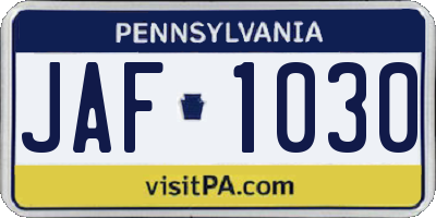 PA license plate JAF1030