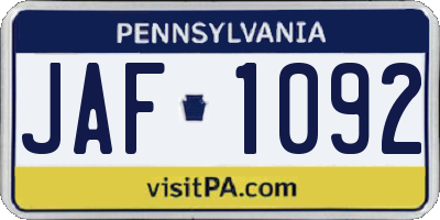 PA license plate JAF1092
