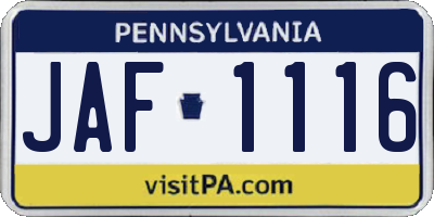 PA license plate JAF1116