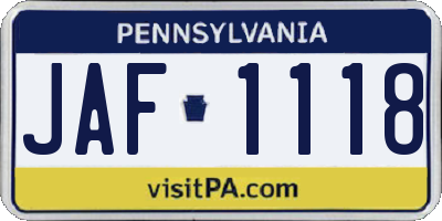 PA license plate JAF1118