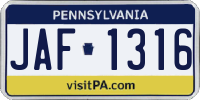 PA license plate JAF1316