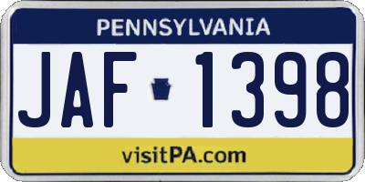 PA license plate JAF1398