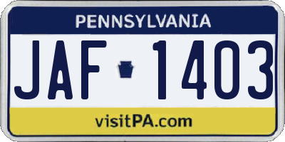 PA license plate JAF1403