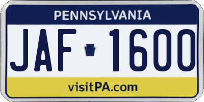 PA license plate JAF1600