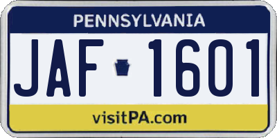 PA license plate JAF1601