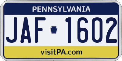 PA license plate JAF1602