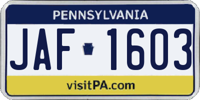 PA license plate JAF1603