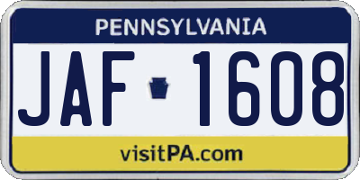 PA license plate JAF1608