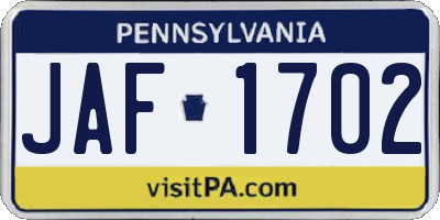 PA license plate JAF1702