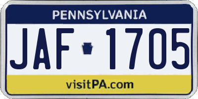 PA license plate JAF1705