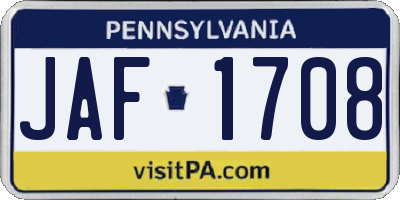 PA license plate JAF1708