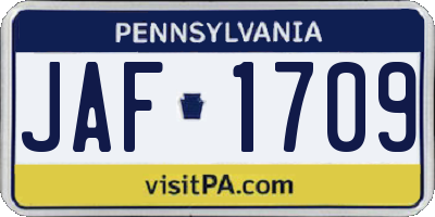 PA license plate JAF1709