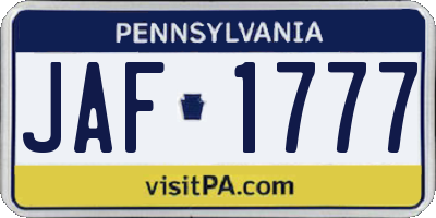 PA license plate JAF1777