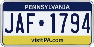 PA license plate JAF1794