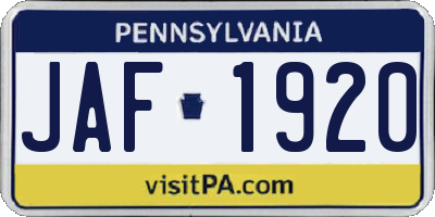 PA license plate JAF1920