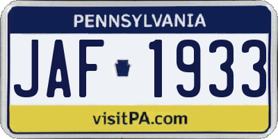 PA license plate JAF1933