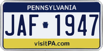 PA license plate JAF1947