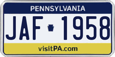 PA license plate JAF1958