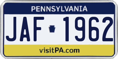 PA license plate JAF1962