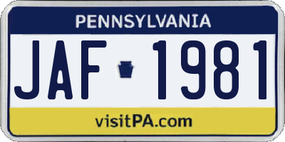 PA license plate JAF1981