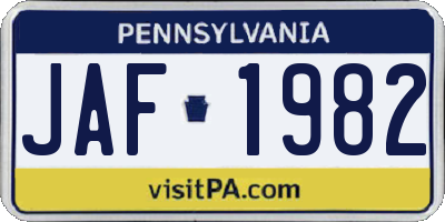 PA license plate JAF1982