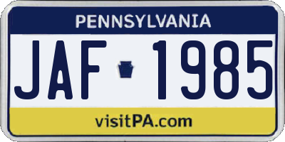 PA license plate JAF1985