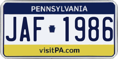 PA license plate JAF1986