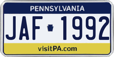 PA license plate JAF1992