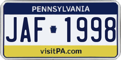 PA license plate JAF1998