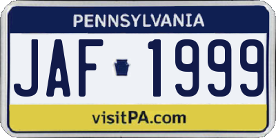 PA license plate JAF1999