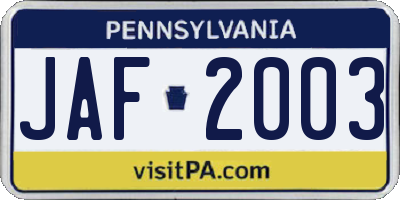 PA license plate JAF2003