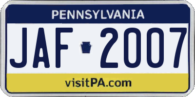 PA license plate JAF2007
