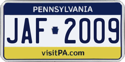 PA license plate JAF2009