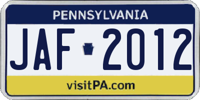 PA license plate JAF2012