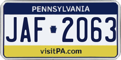PA license plate JAF2063