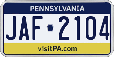 PA license plate JAF2104