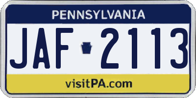 PA license plate JAF2113