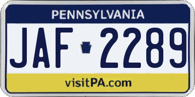 PA license plate JAF2289